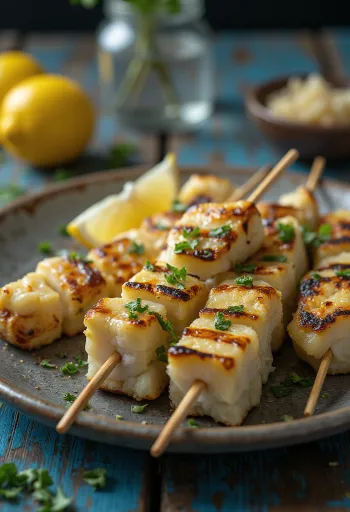 Grillet alligatorkjøtt servert med sitron og grillede grønnsaker