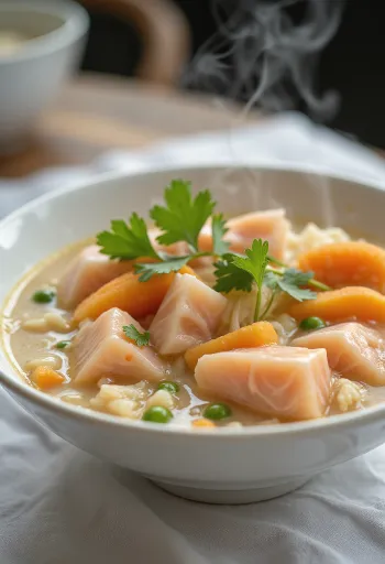 Kasu jiru servert med laks, pyntet med frisk koriander, kremet kokosmelk