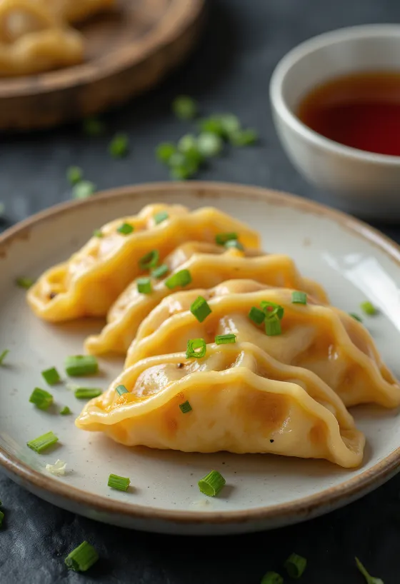 Koreansk mandu med gresskar servert med sprø gyllenbrun deig