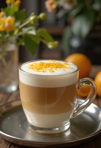 Appelsin- og vaniljelatte kaffedrikk pyntet med pisket krem og appelsinskive