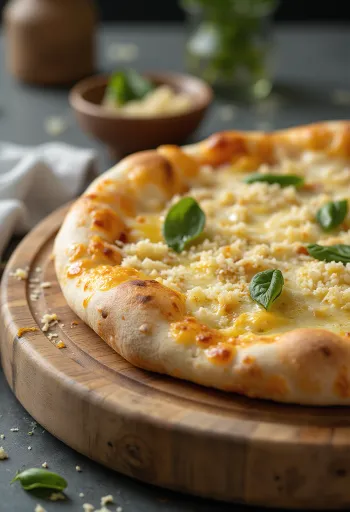Hvit pizza servert med ricotta, mozzarella og friske urter
