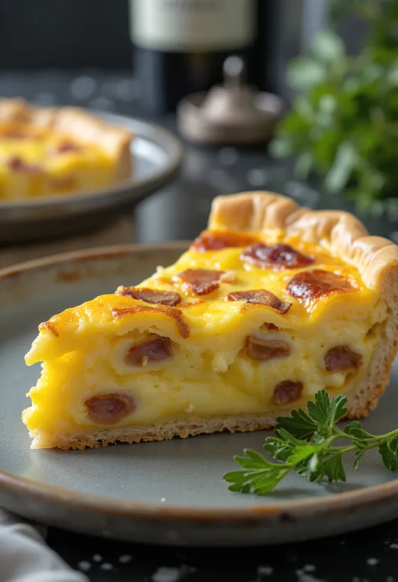 Klassisk Quiche Lorraine, i sprø mørdeig med kremet fyll, baconbiter og ost.