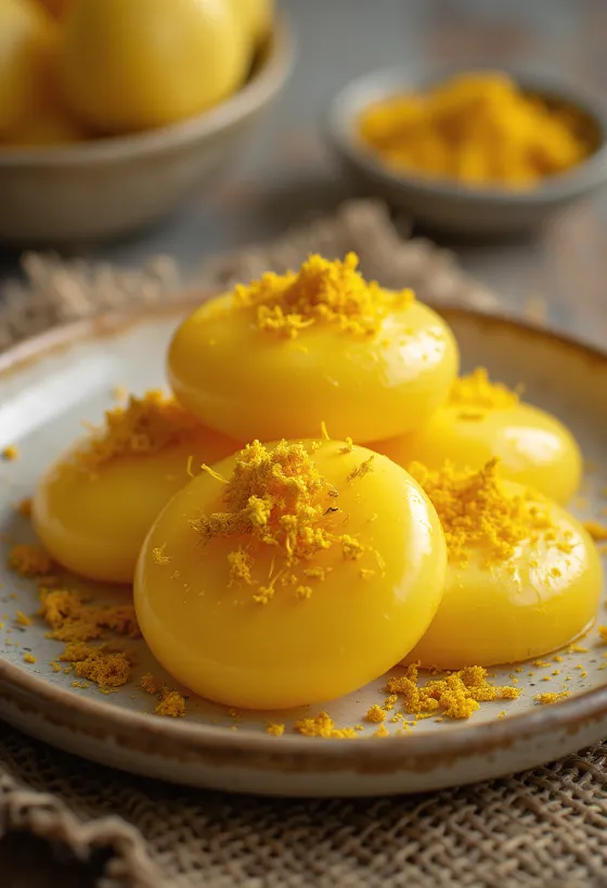 Sandesh med safran, ferskostdessert pyntet med mandler