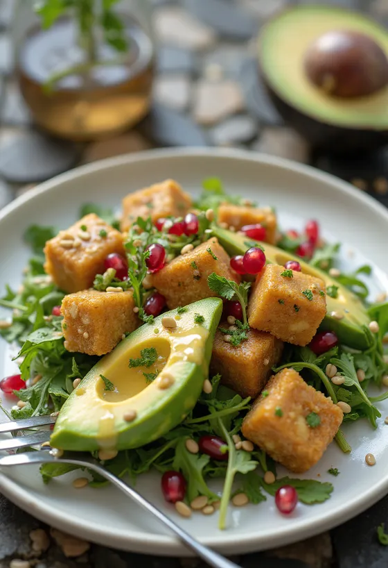 Stekt tofu med avokado og granateple