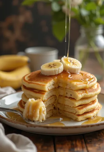 Bananpannekaker servert med frisk frukt og honning.