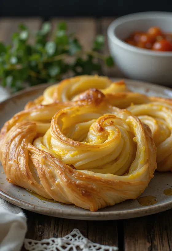 Burek med karrikylling servert