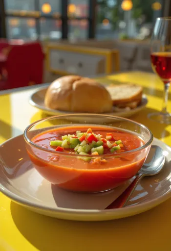 Frisk gazpacho servert iskald, pyntet med finhakkede grønnsaker