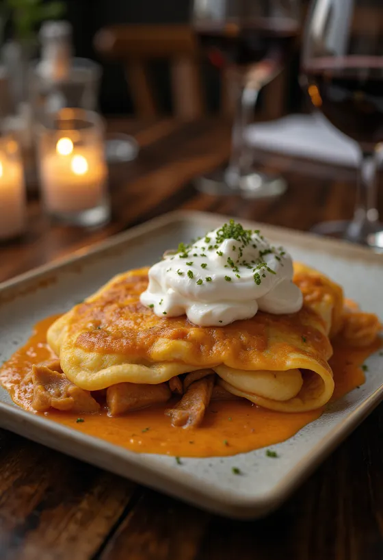 Hortobagyi kjøttfylte pannekaker servert med rømme og frisk persille.