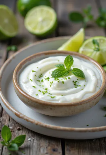 Yoghurtdressing med koriander og lime servert i en skål med frisk koriander og limeskiver.