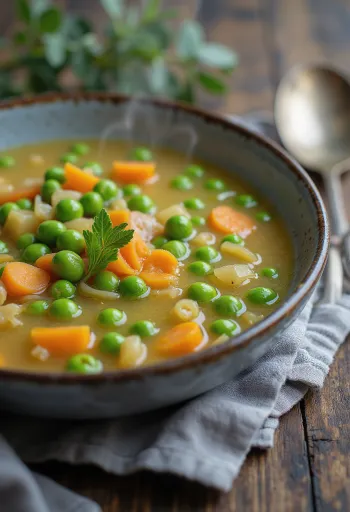 Frisk ertesuppe pyntet med sprø grønnsaker og persille