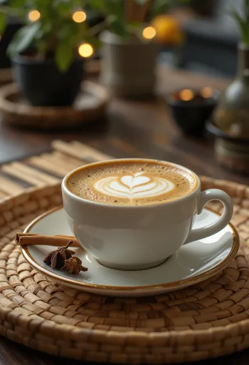 Kanel- og nelliklatte kaffedrikk pyntet med kanelstang og pisket krem