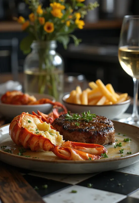 Grillet hummer og biff, luksuriøs surf and turf rett