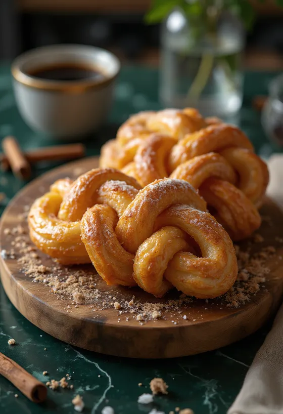 Koeksister med kanel stekt gyllenbrun, drysset med sukker