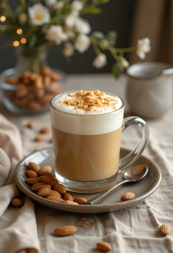 Honning- og mandellatte i glass, drysset med mandelflak og kanel