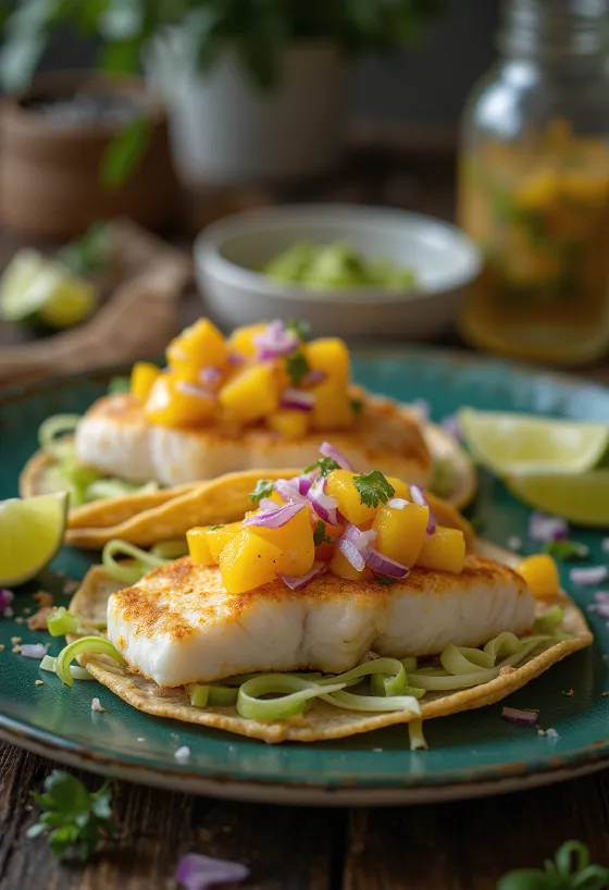 Fisketaco med mangosaus servert