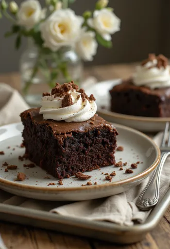 Browniekake med pisket krem og sjokoladespon