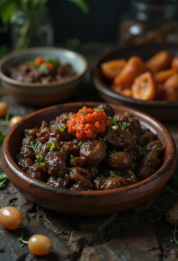 Gudeg med sambal terasi, kokos-jackfrukt og sambal terasi servert med ris