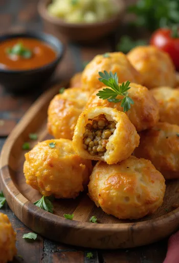 Khasta kachori med mungbønnefyll, sprø, gyllenbrune biter med krydret fyll
