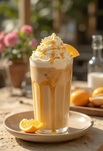 Appelsin- og karamellfrappé kaffedrikk pyntet med pisket krem og appelsinskall