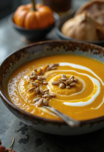 Gresskarsuppe med myk og silkemyk konsistens, pyntet med ristede gresskarkjerner