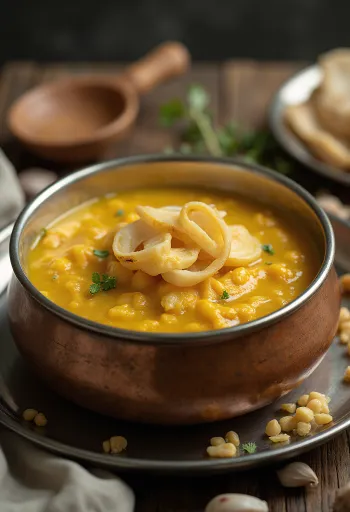 Tok dal med stekt hvitløk, pyntet med fersk persille