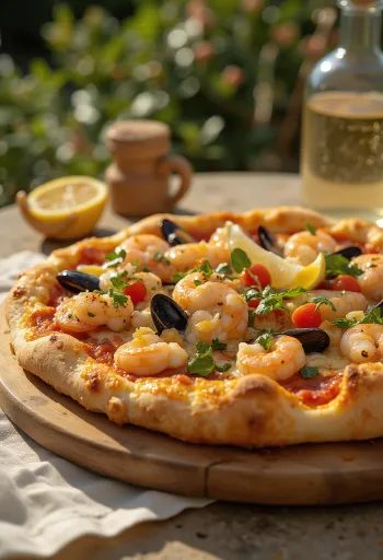 Pizza Frutti di Mare med fylt skorpe servert