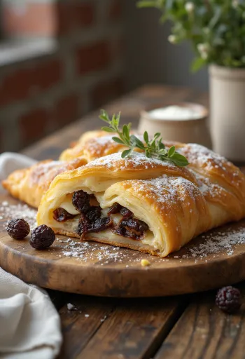 Strudel med kesam og rosiner servert med melisdryss