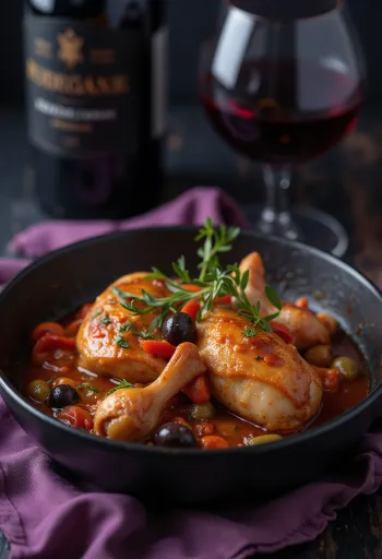Klassisk cacciatore med kylling, servert i tomatsaus med paprika og oliven