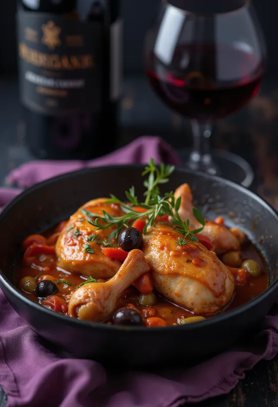 Klassisk cacciatore med kylling, servert i tomatsaus med paprika og oliven