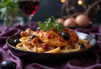 Klassisk cacciatore med kylling, servert i tomatsaus med paprika og oliven