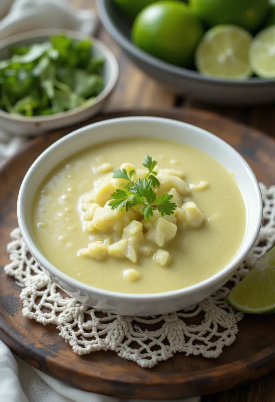 Karrisaus med kokosmelk og lime servert i en skål.