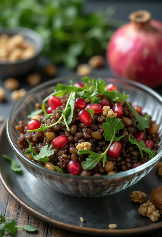 Linsesalat med granateple servert