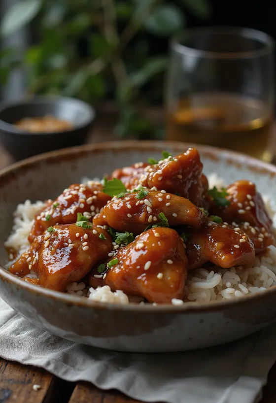 Honningkylling stekt gyllenbrun, drysset med sesamfrø og friske urter