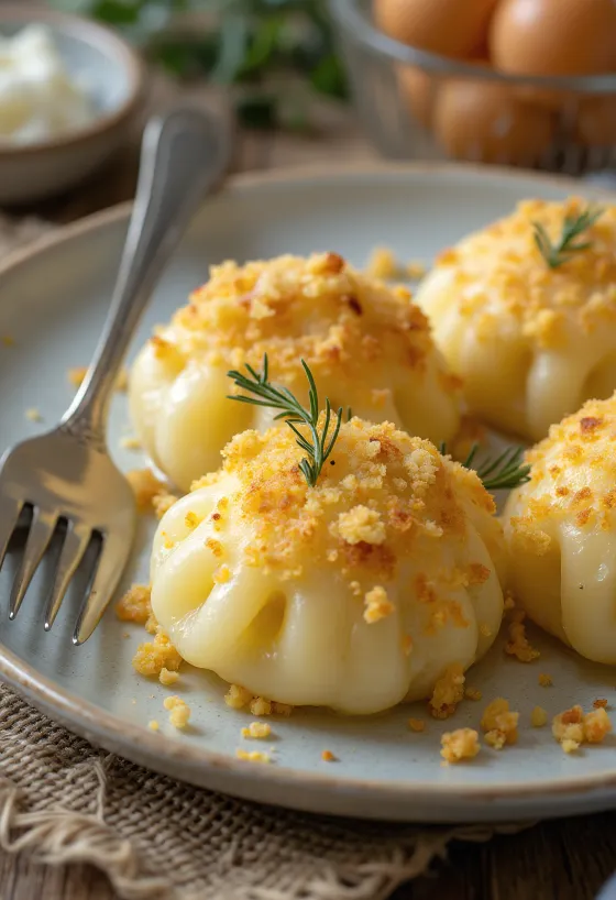 Tyske potetknödel servert med brun saus på tallerken