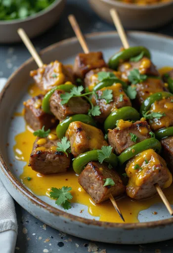 Sosatie med lammekjøtt, grillet kjøtt og grønnsaker, pyntet med koriander