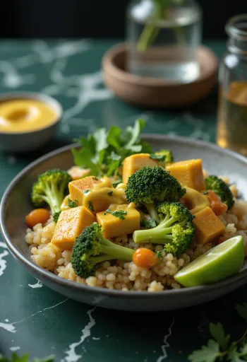 Buddha bowl med brokkoli, quinoa og curry-tahini-tofu servert