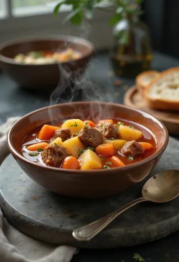 Tradisjonell gulasjsuppe med rike kjøttstykker og grønnsaker, krydret med rød paprika.