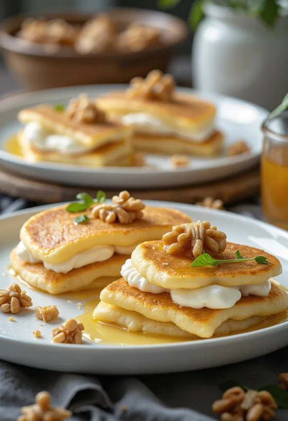 Nystekte pannekaker med chevre og honning