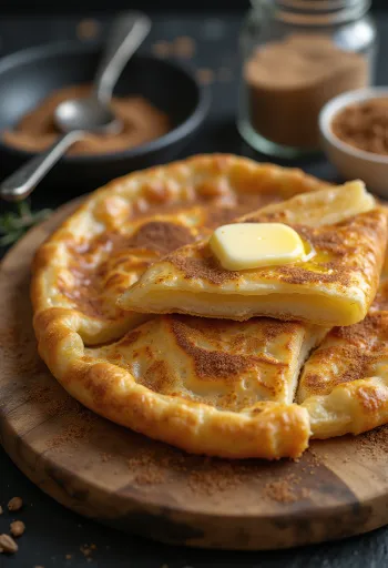Martabak manis med kanelsukker, gyllenbrun deig med kanelfyll