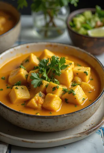 Moqueca servert med tofu, fisk og kokosmelk