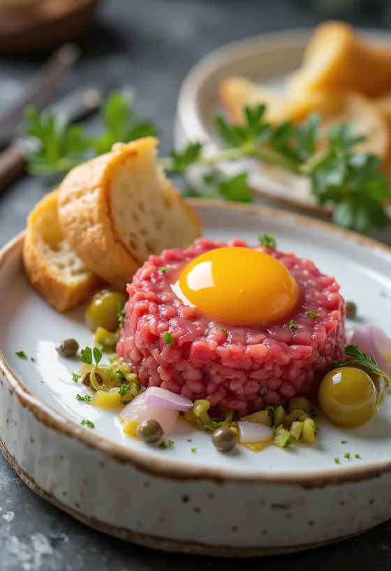 Steak Tartare servert med eggeplomme og toast