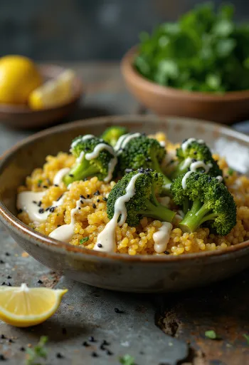 Buddha bowl med brokkoli, quinoa-curry og lime-tahini servert