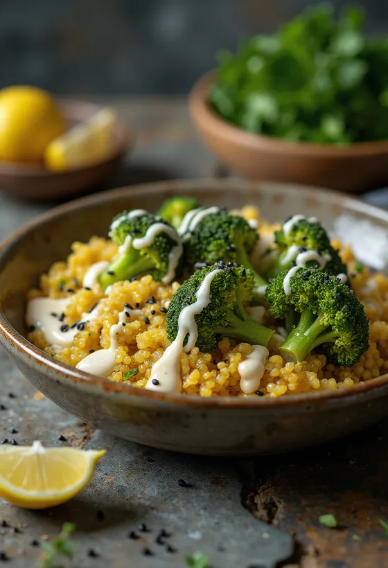 Buddha bowl med brokkoli, quinoa-curry og lime-tahini servert