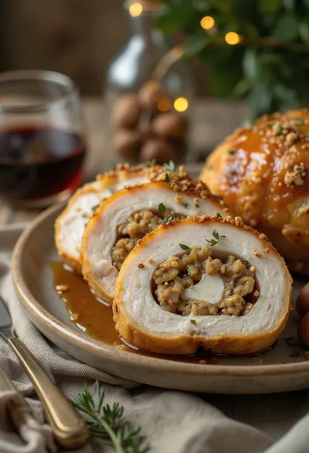 Saftig kalkunbryst fylt med kastanjer, servert med grønnsaker.