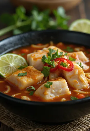 Laksa Tambelan, tamarindbasert kokossuppe med fiskekjøtt, nudler og friske grønnsaker.
