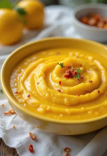 Karrisaus med mango og kokosmelk servert i en skål.