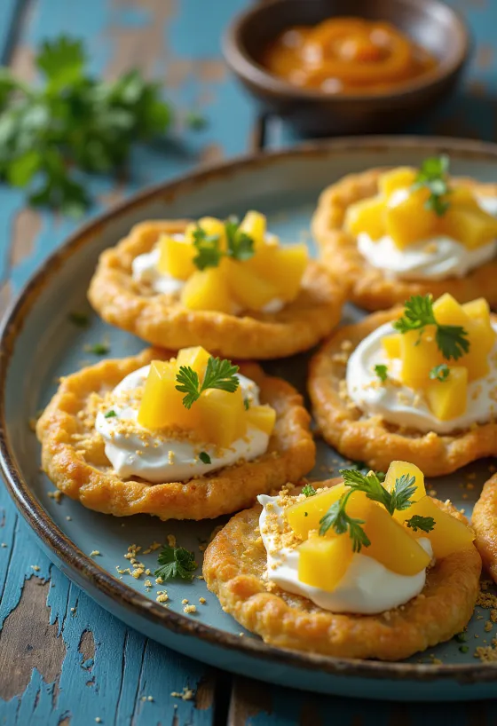 Sev puri med mangobiter, yoghurt og krydder