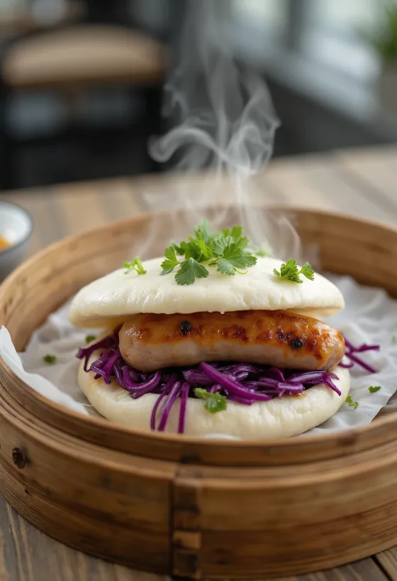 Bao med stekt pølse servert med kålblanding og frisk koriander