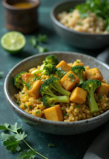 Buddha bowl med brokkoli, quinoa-curry og lime-tofu servert