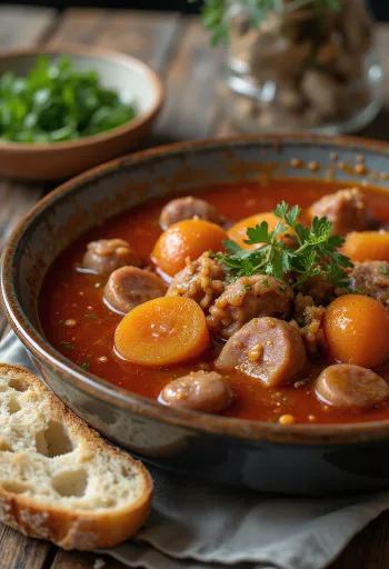 Gulasjsuppe med røkt pølse, poteter og frisk persille